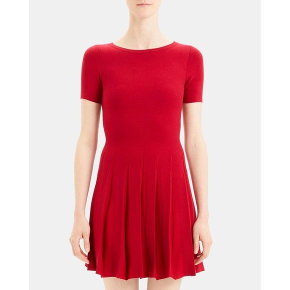 THEORY Pleated Knit Tee Flare Dress Red Large NEW $455 - Picture 4 of 10
